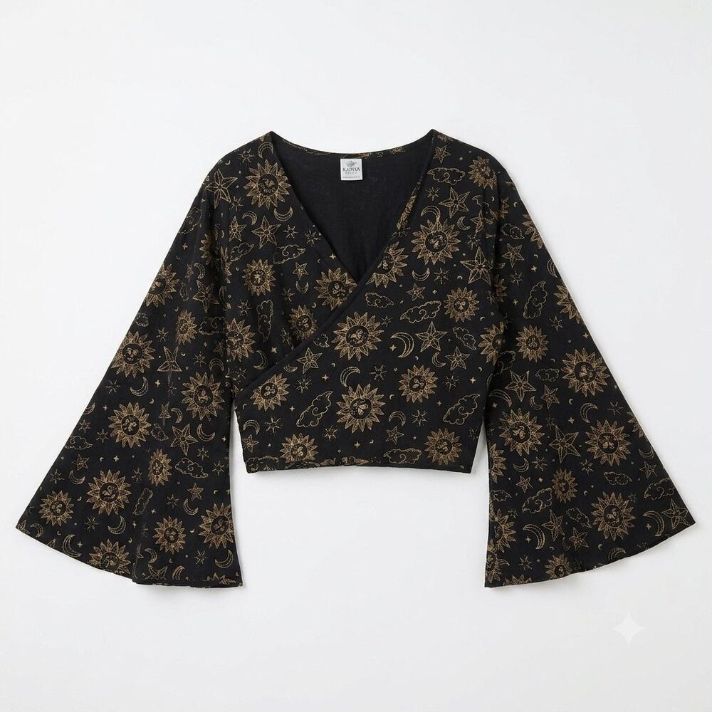 Karma Nepal Crafts Celestial Printed Wrap Top Black Gold Bell Sleeve Plus